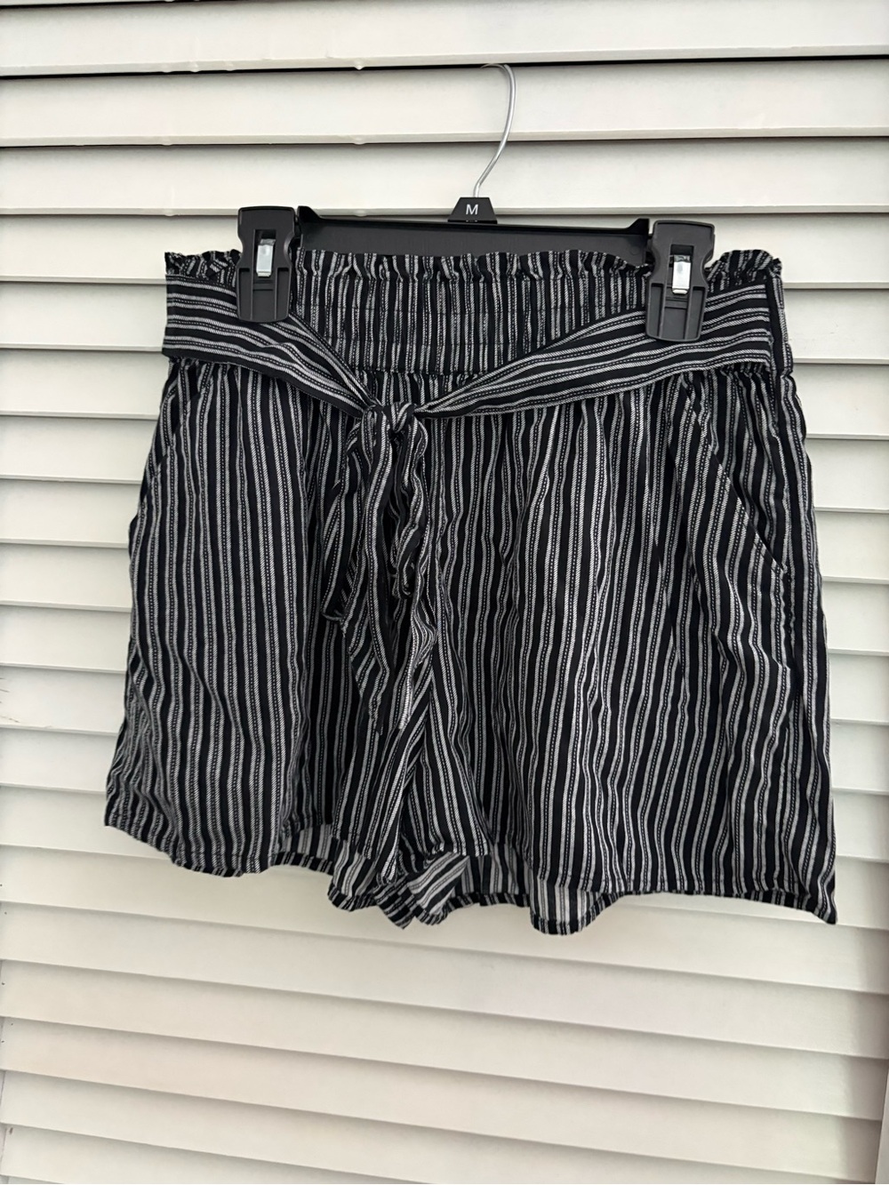 SO Black & White Striped High-Waist Tie Belt Shorts